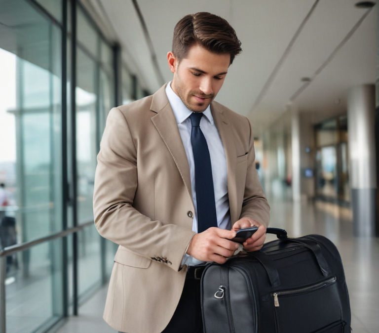 A businessman confidently grips his travel bag while checking his smartphone.
