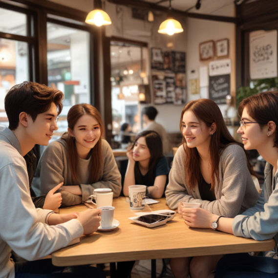 A group of young adults animatedly discussing webtoons while sitting in a cozy café.