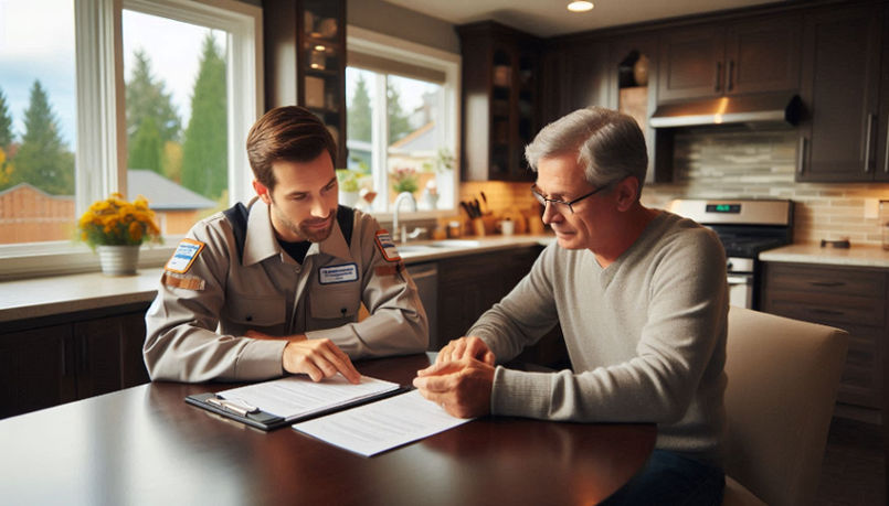 A customer reviewing an appliance service contract with a technician in a Surrey BC home.