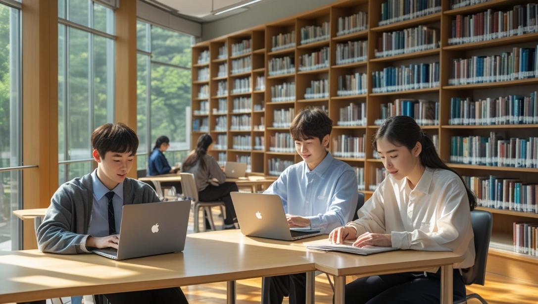 South Korean students in library using laptops under bright natural daylight windows.
