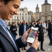 A close-up, shallow depth of field shot shows a politician smiling while looking at a smartphone with the Instagram app open.