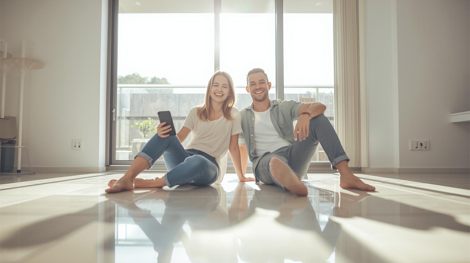 Smiling Brisbane residents enjoy clean tiled home interior with sunlight streaming inside.