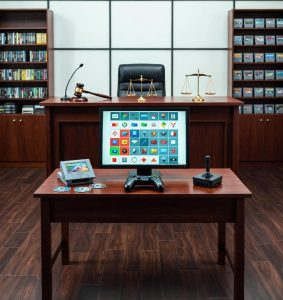 digital courtroom with game items as evidence